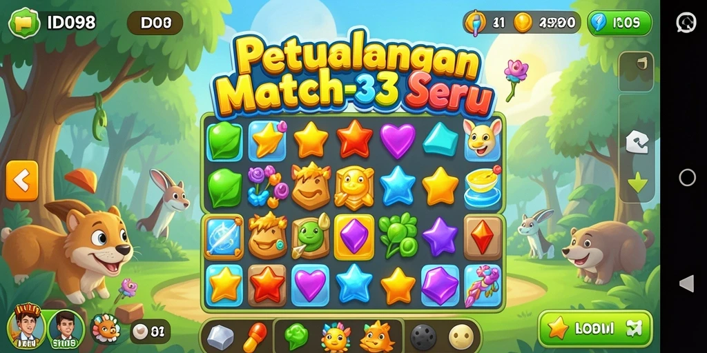 Screenshot utama ID098 menampilkan aksi seru permainan Match-3 dengan visual yang menarik.